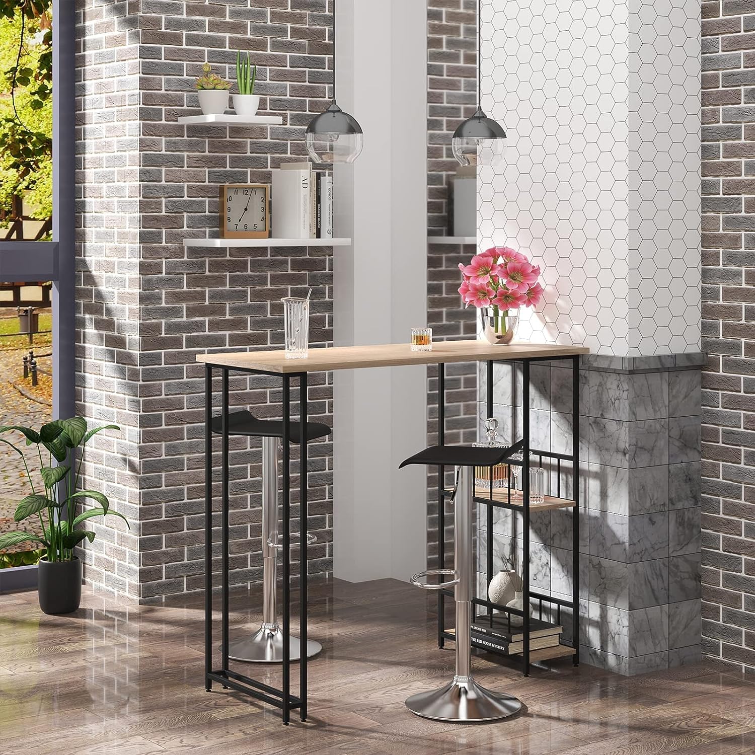 Priti Bistro Bar Table Counter Table With 2 Shelves Metal Frame